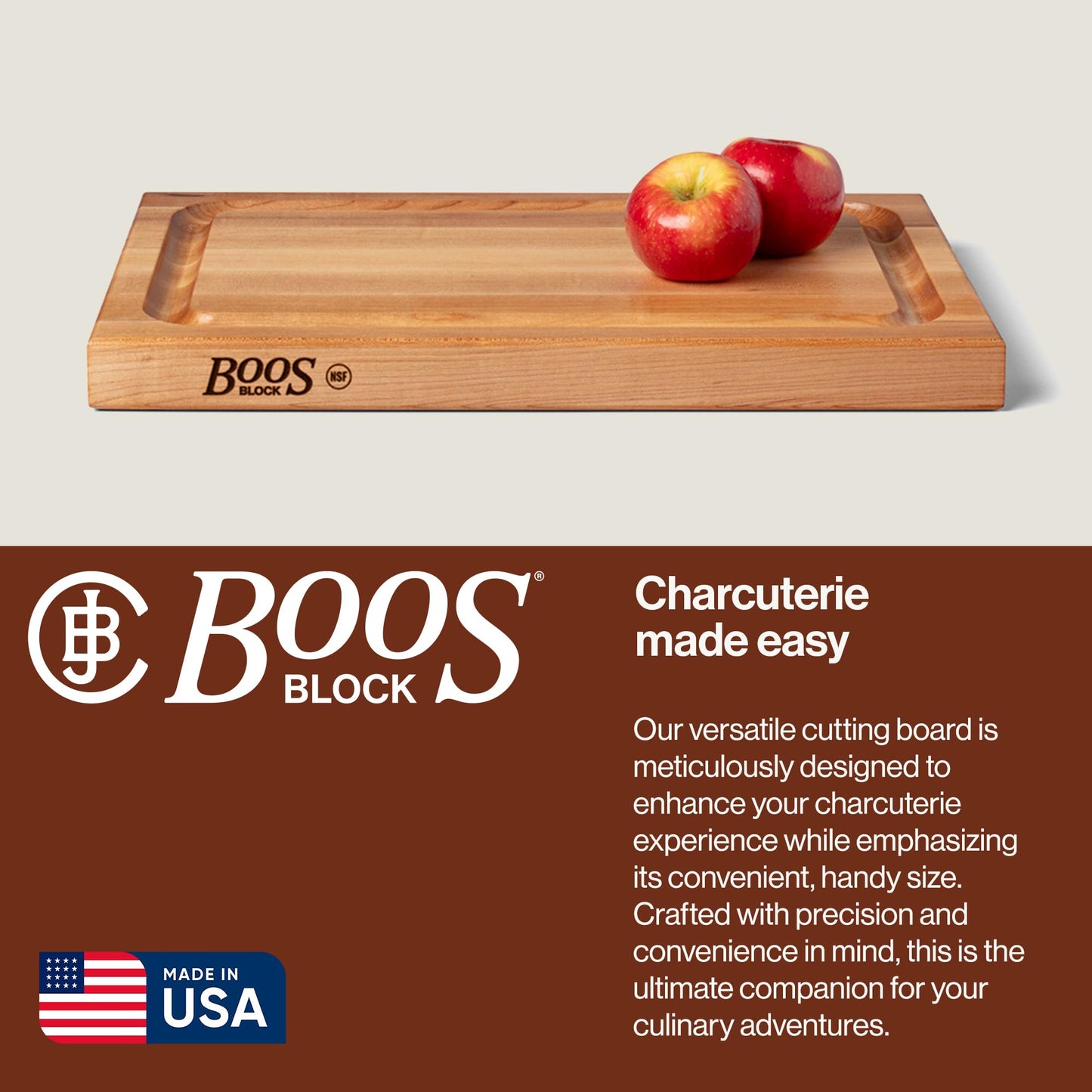 John Boos BBQ Series Rectangular Wooden Maple Cutting Board 18”x12” - 1.5” Thick, 8.5-lb Reversible Butcher Block with Juice Groove, Edge-Grain…