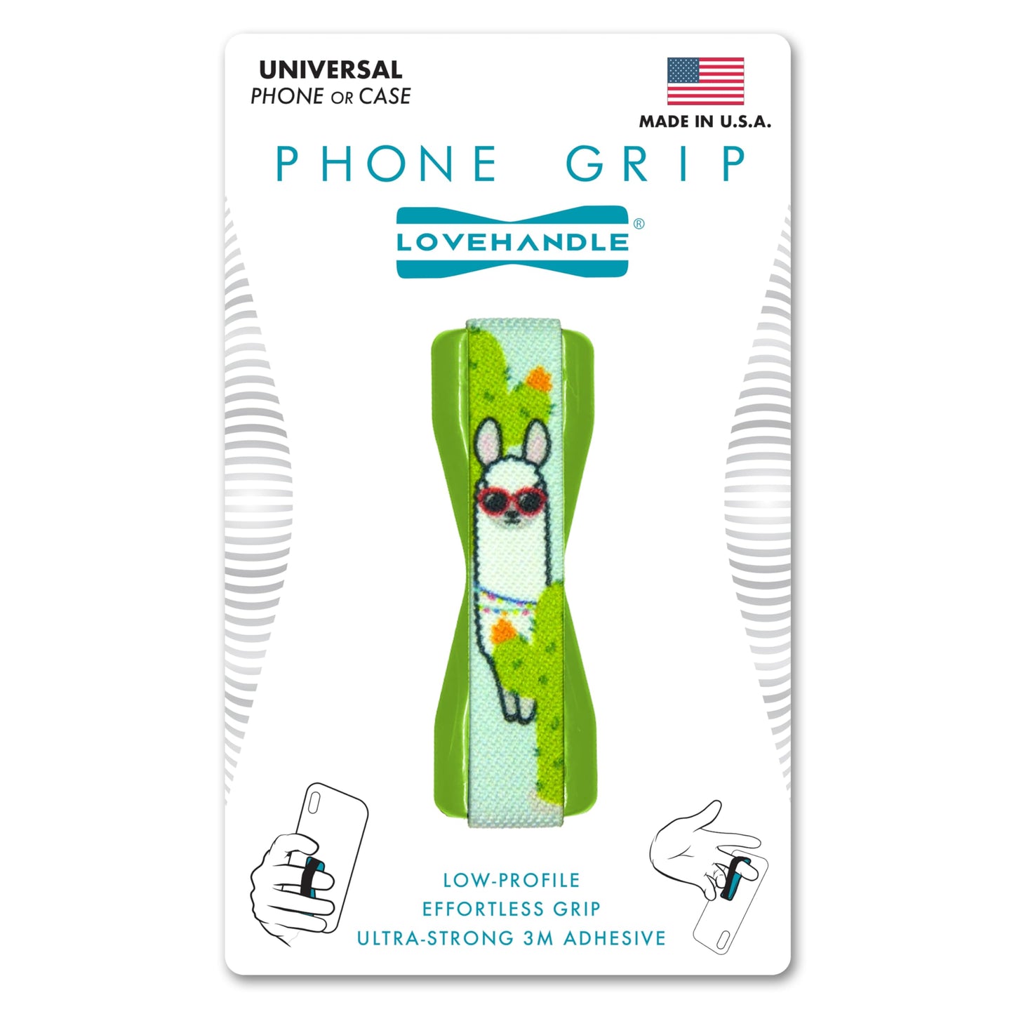 LOVEHANDLE Universal Phone Grip for Smartphones & Mini Tablets - Phone Holder for Hand - Wireless Charging Compatible - Made in The USA - Party Llama