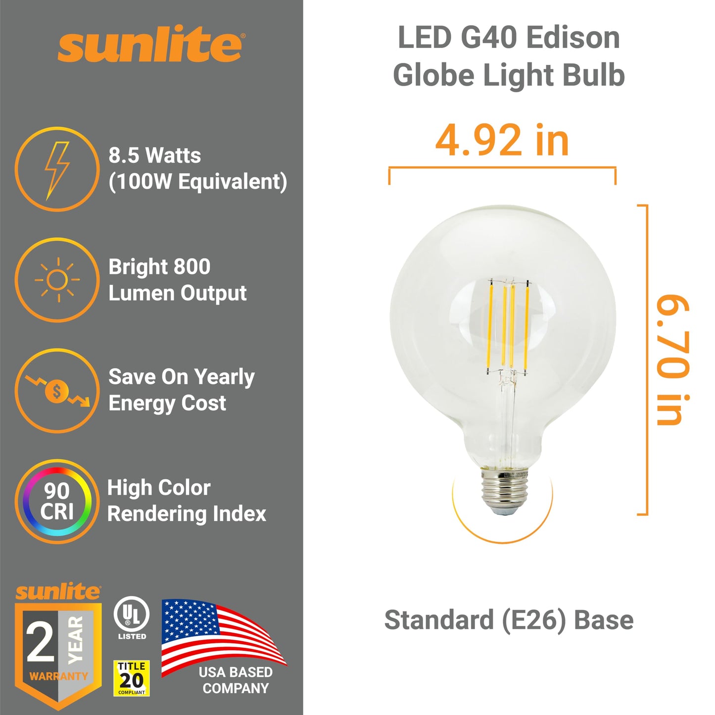 Sunlite 81139 LED G40 Edison Globe Light Bulb, 8.5 Watts (100W=), Standard E26 Base, 800 Lumens, Dimmable, Clear Glass, Long Filament, 90 CRI