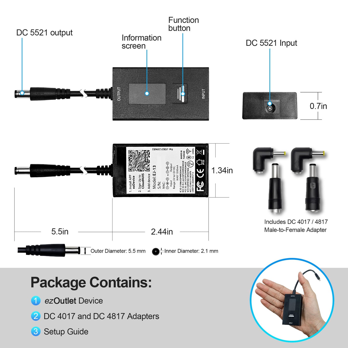 ezOutlet Automatic Router Rebooter Wi-Fi IP Enabled Remote DC Power Switch (DC5521 Plug), Integrated Power Metering, Manage via Free APP & Cloud