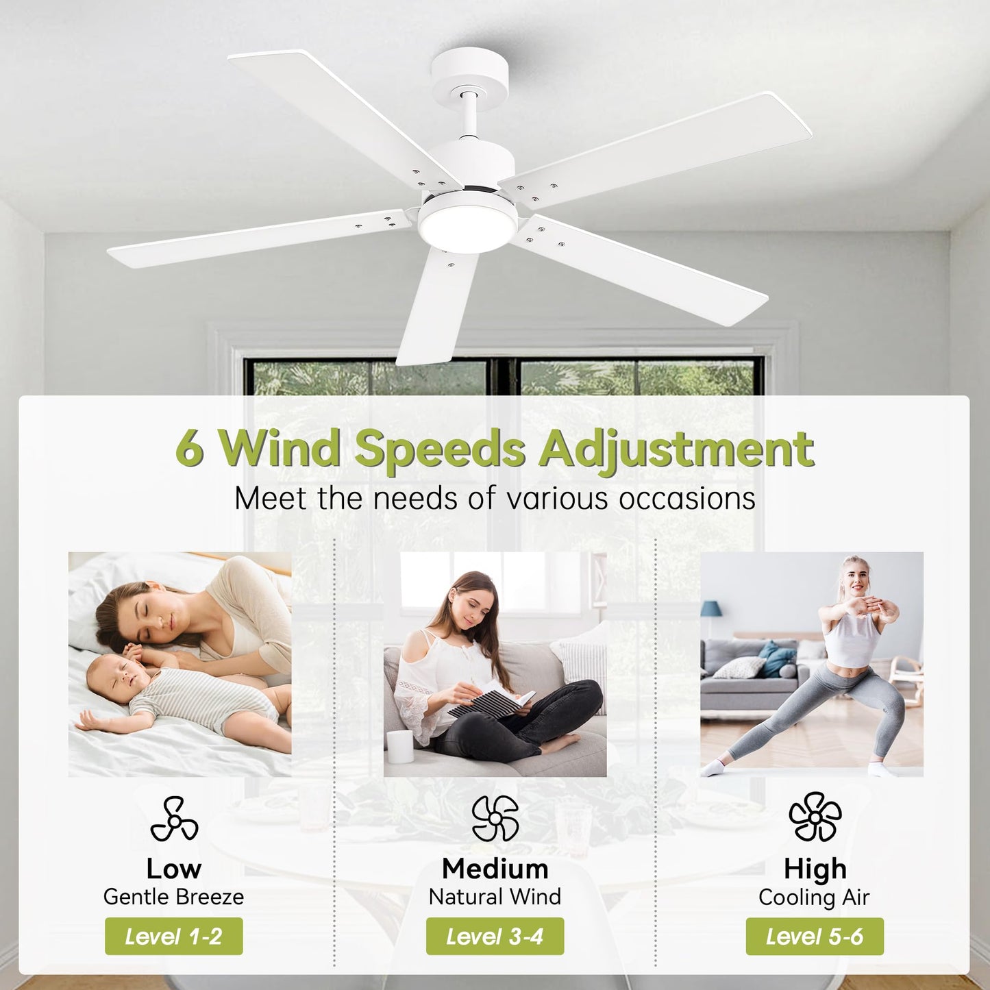 Vaczon Ceiling Fans with Lights and Remote - 52 Inch Modern Cooling Fan with Noiseless Reversible DC Motor Timer White Ceiling Fan for Bedroom Living