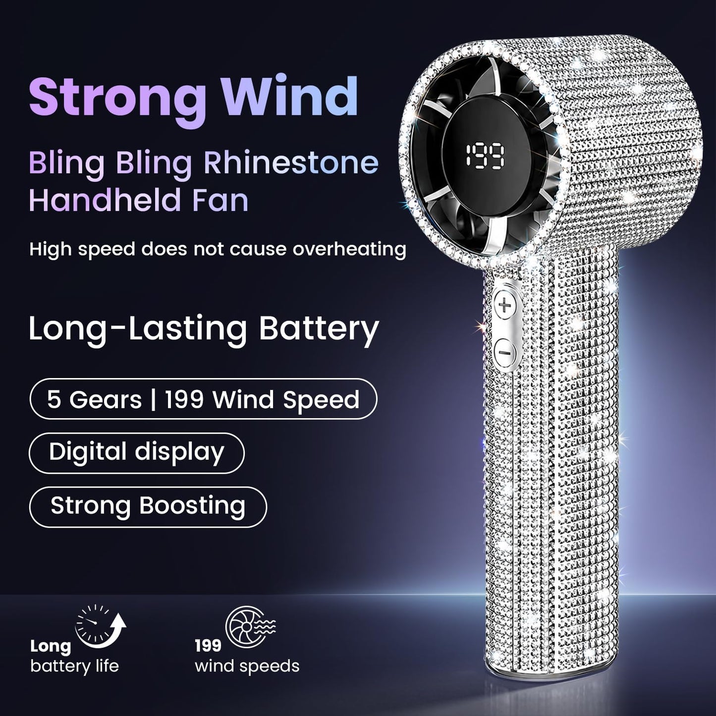 StarJazz Bling Rhinestone Handheld Turbo Fan, Portable Rechargeable Mini Wind Cannon with LED Digital Display, 5 Gears 199 Adjustable Wind Speeds