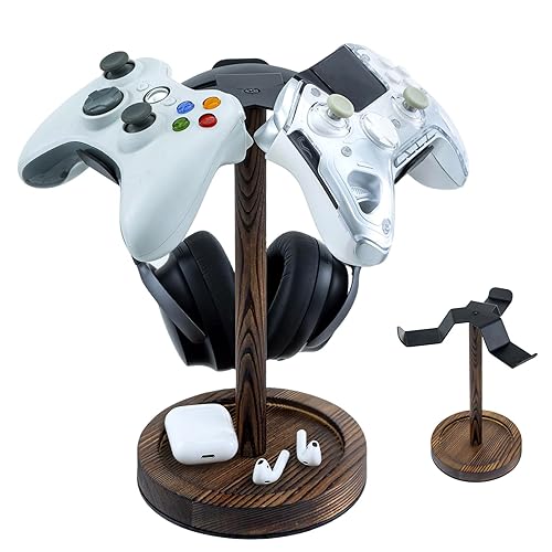 MyGift Industrial Matte Black Metal Headphone Stand with Burnt Wood Tray - Desktop Headset and Gaming Controller Holder for Office, Studio, or…