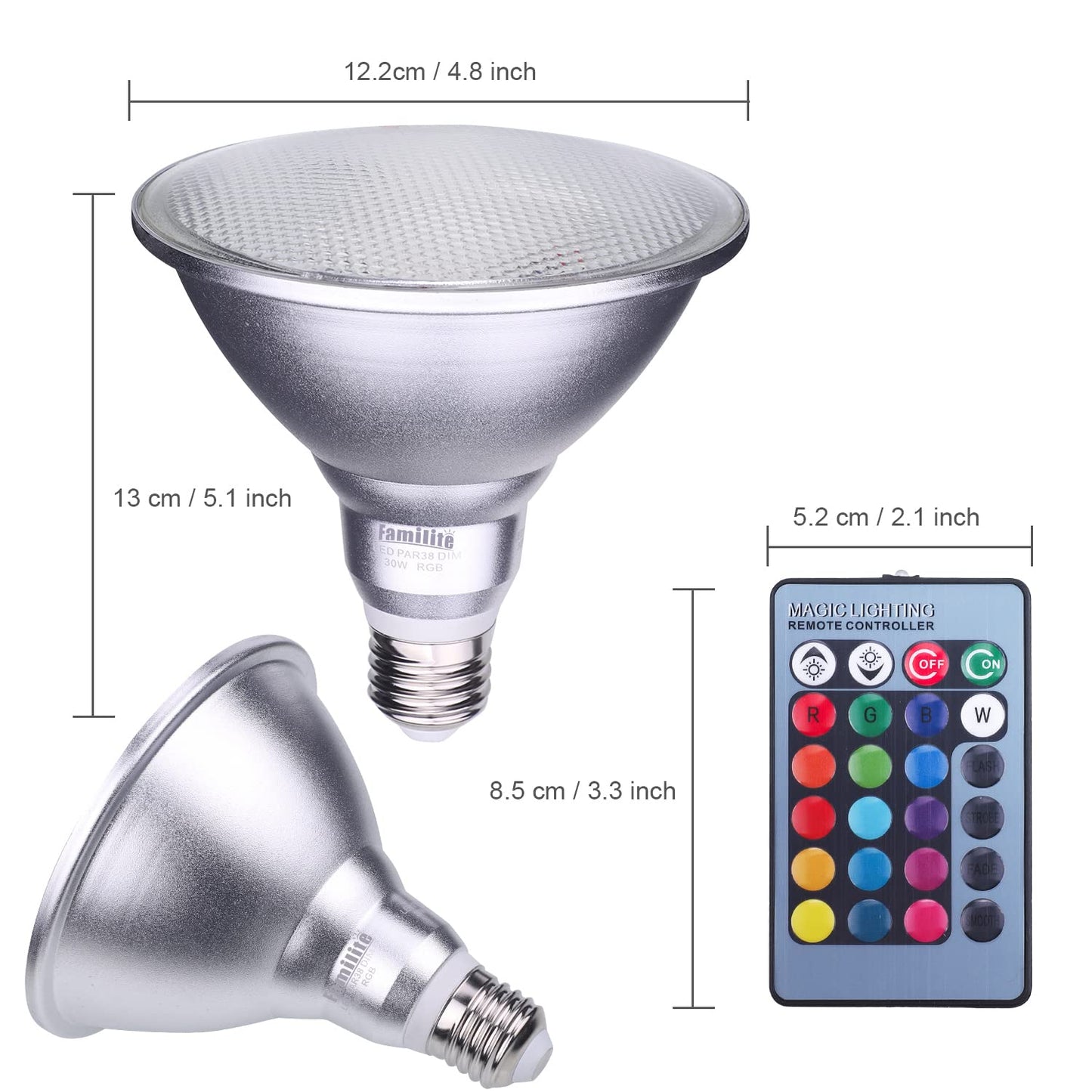 Familite PAR38 LED Floodlight Bulb, 30W Color Changing Light Bulb, Remote Controlled RGB Landscape Light, Dimmable E27 Based Waterproof Lawn Lamp