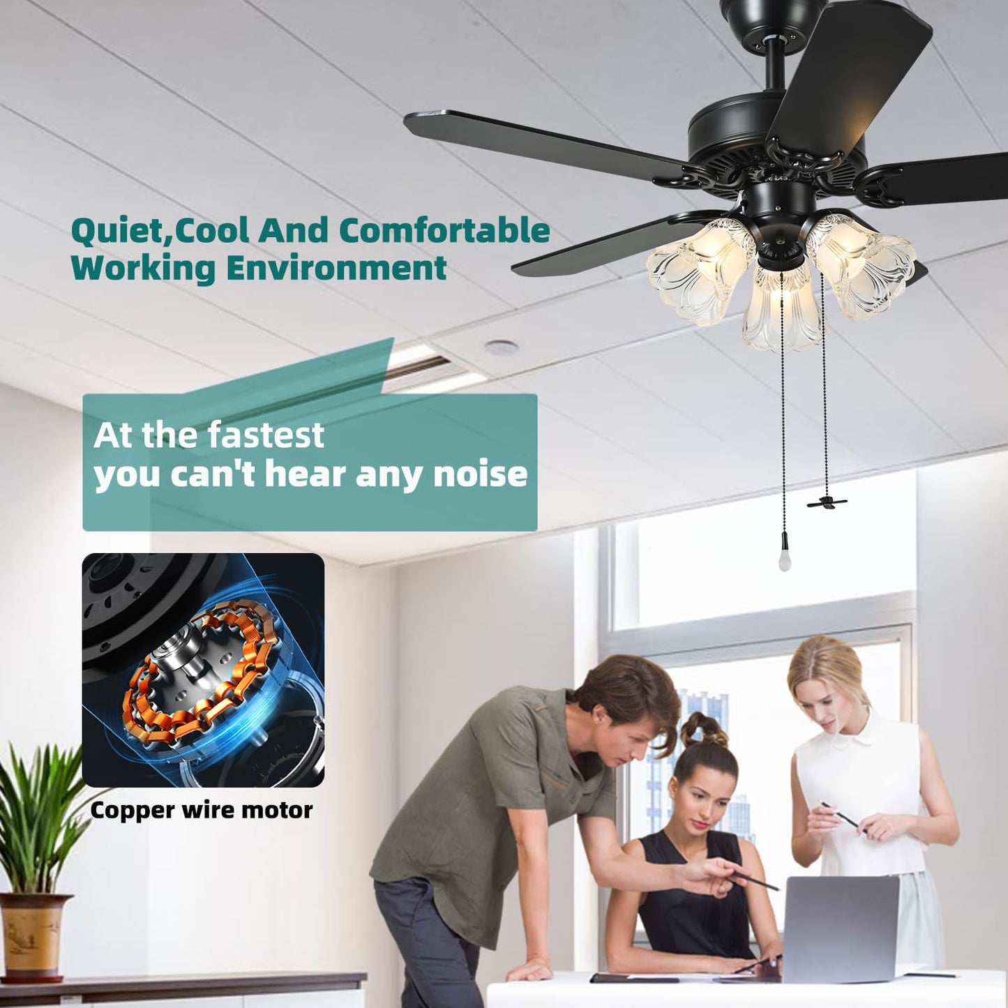 TWLITE 42 Inch Indoor Ceiling Fan with Pull-Chain and Three LED Light Bulbs Base, Traditional 3-Speeds Reversible Blades Ceiling Fan (Black)