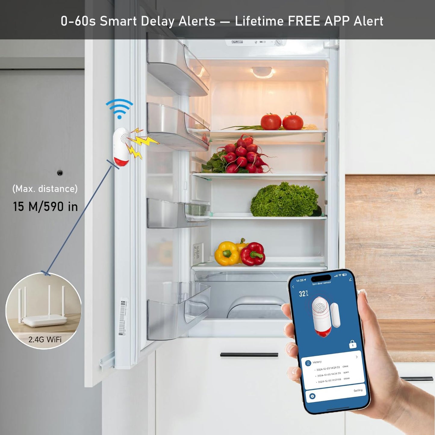 Smart WiFi Freezer Refrigerator Door/Window Alarm with Free Real-Time APP Alerts, 0-60s Delay, Scheduled Arm/Disarm, 0-120dB Adjustable Siren