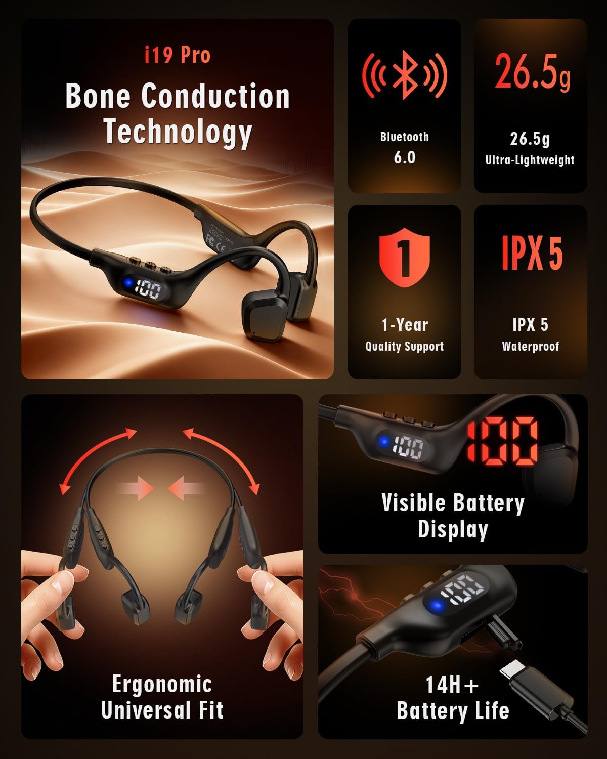 Arciea Bone Conduction Headphones, 14H Playtime Bluetooth 6.0 Open-Ear Earbuds with Mic, IPX5 Waterproof Lightweight Headset, Wireless Sport Earphones
