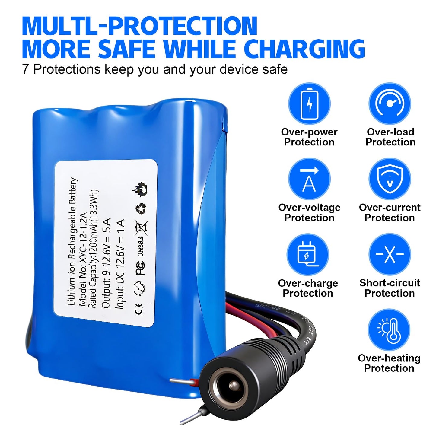 12V 1200mAh Rechargeable Li-ion Battery with Charger, Bare Leads Wire Battery Pack Perfect for DIY Project, Speakers, RC Car, Robot Toys, LED Light