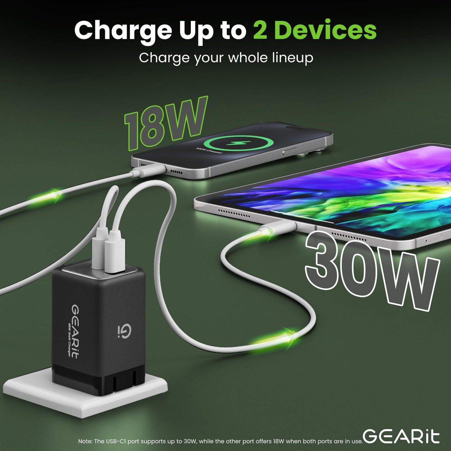 GEARit Compatible with Apple, Samsung, iPhone, iPad & Google Pixel | 48W USB C Charger Block | Fast Charging 2-Port GaN Wall Charger with PD 3.0 & PPS