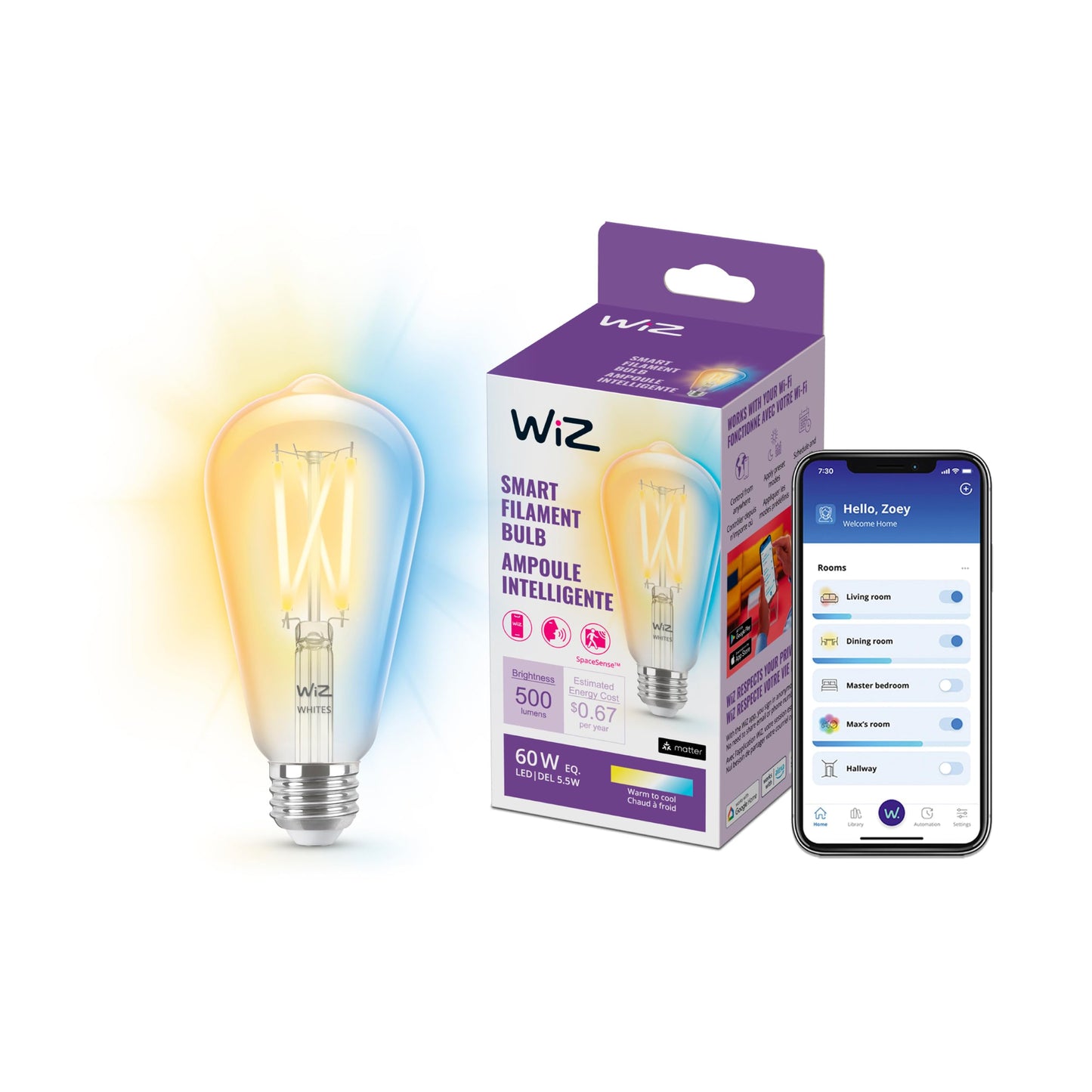 WiZ Connected 60W ST19 Tunable White Filament LED Smart Light Bulbs - Connects to Your Wi-Fi - E26 Smart Bulb - Control with Voice or App + Activate