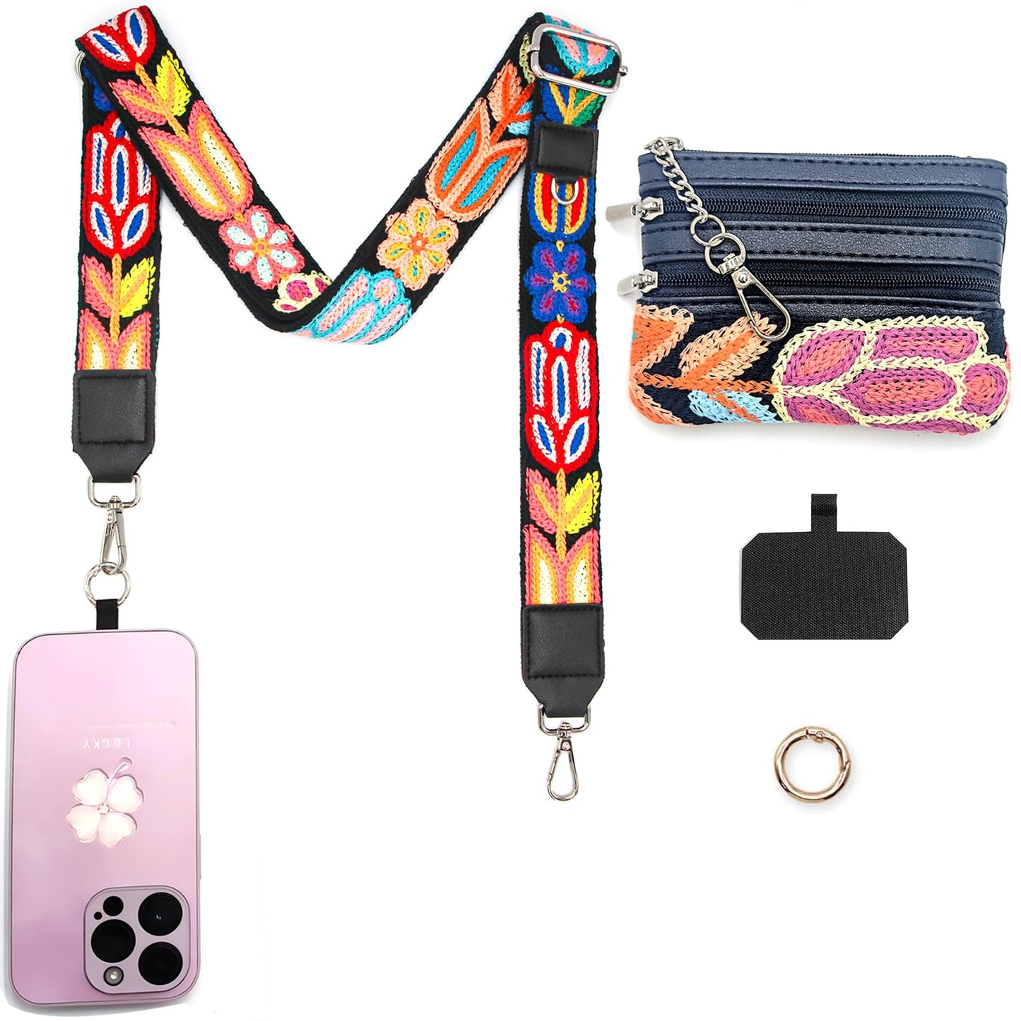 PowerDriver Clip and Go Strap for Phone with Wallet Crossbody,Cute Flower Embroidered Cellphone Lanyard for All Phones (Four Leaf Clover-Black) (Four