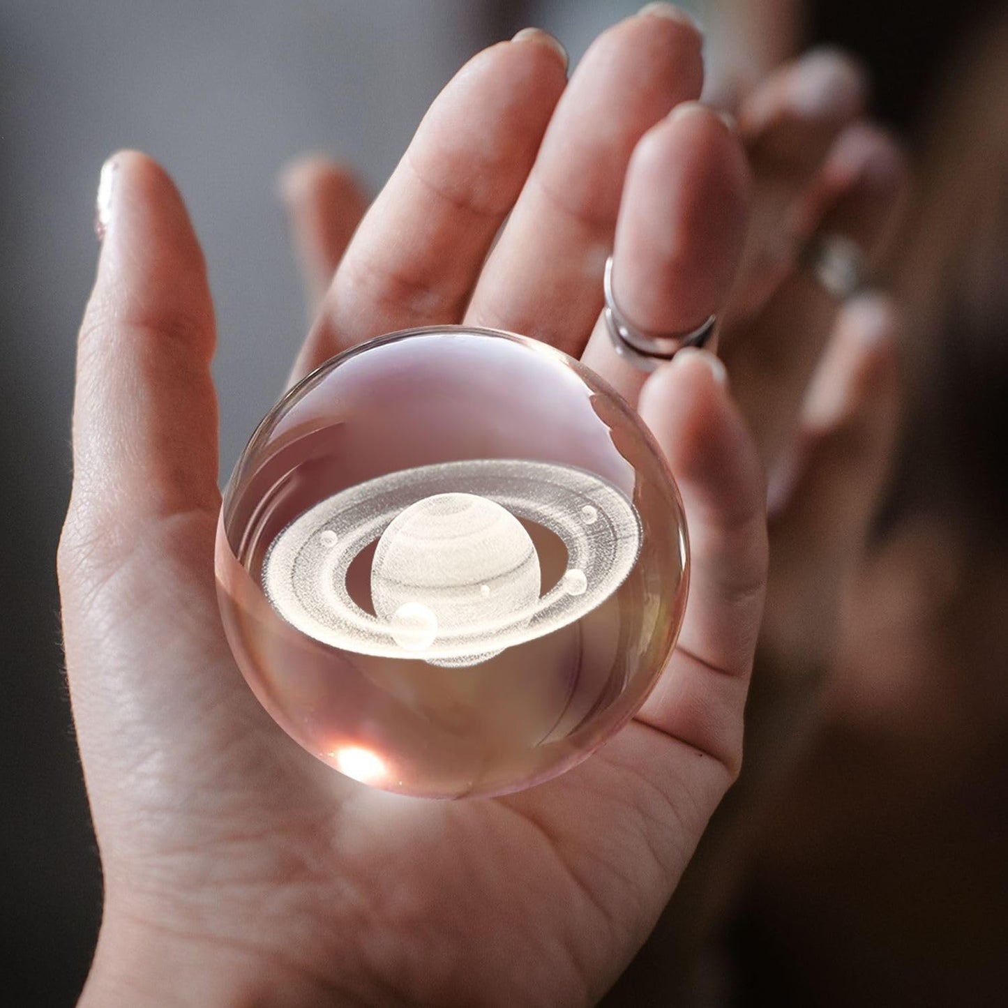 Flexzion 3D Saturn Crystal Ball Night Light - LED Light Hologram Glass Lamp w/Solid Wood Base, USB Powered Crystal Ball Lamp w/Adjustable Brightness