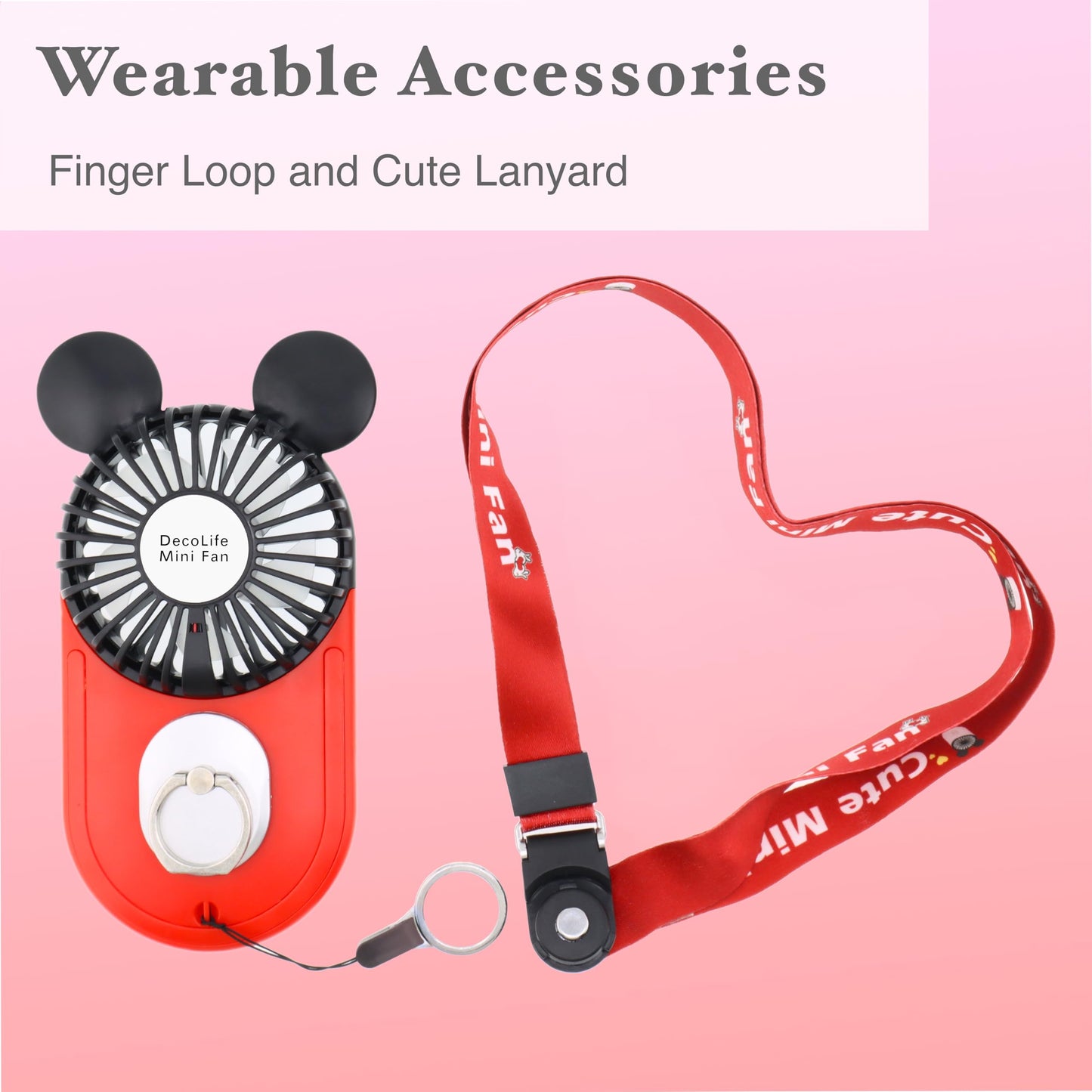 DecoLife Cute Mouse Mini Fan, Handheld/Neck Personal Fan(Red+Blue+Pink)