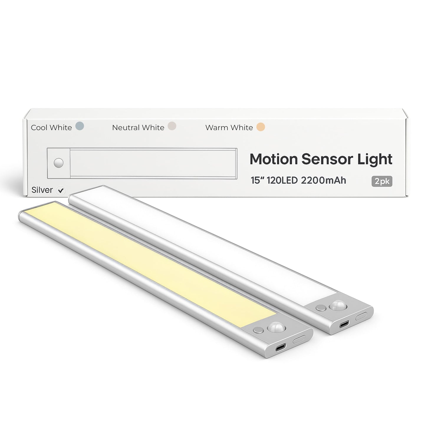 SparkleGlee 15" Rechargeable Under Cabinet Lighting 2 Pack - Motion Sensor, Dimmable LED, 3 Color Temps, 2200mAh Battery, Magnetic Mount Lights