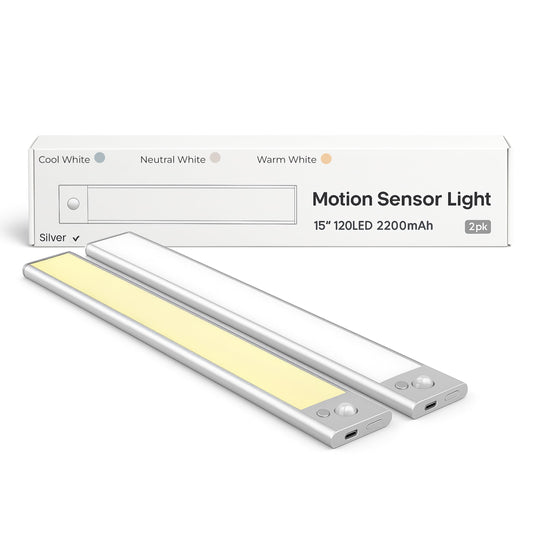 SparkleGlee 15" Rechargeable Under Cabinet Lighting 2 Pack - Motion Sensor, Dimmable LED, 3 Color Temps, 2200mAh Battery, Magnetic Mount Lights