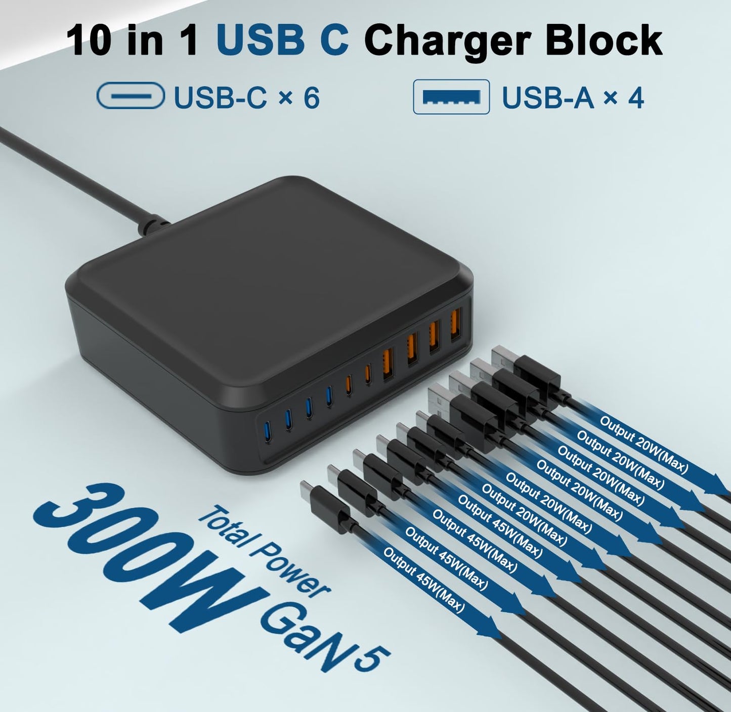 USB Charger Station,10 Port USB C Charger Block with 6FT/10FT Cables,300W GaN Type C Charging Hub iPhone Charger Fast Charging for iPhone 17 16 15 Pro