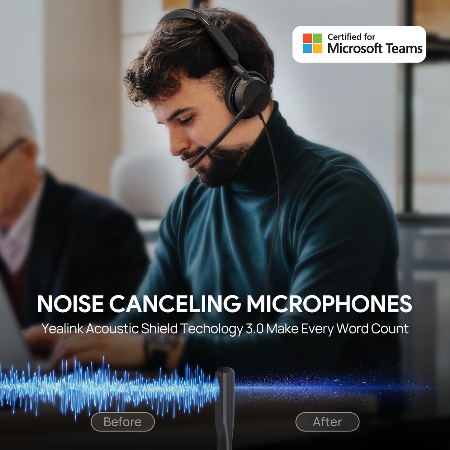 Yealink UH42 USB-C/A Headset with Microphone for PC Computer, Wired Headset Teams Certified, Noise Cancelling Mic, in Line Control, Mute Button, Cable