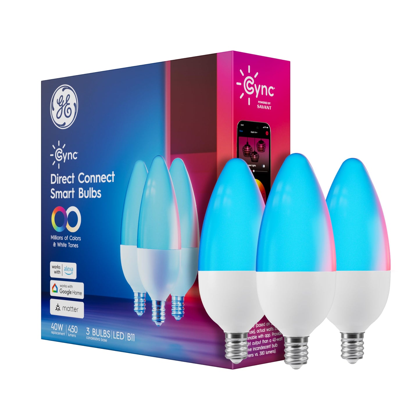 Cync GE Color Changing Smart Candelabra LED Bulbs, WiFi, 3 Pack