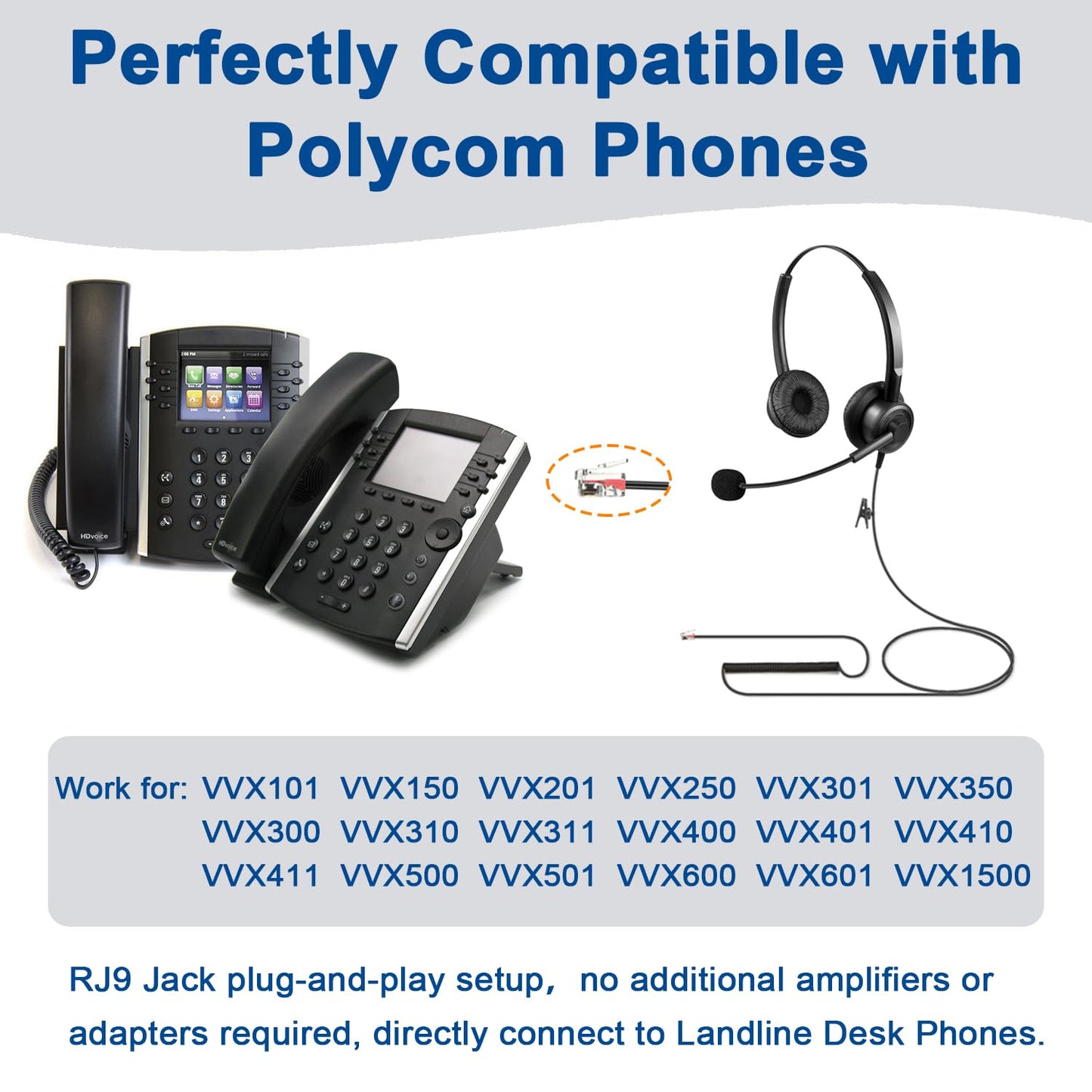 RJ9 Telephone Headset with Microphone Noise Cancelling, Corded Office Phone Headsets for Polycom VVX250 VVX400 VVX500 ShoreTel 230 420 480 Mitel 5320e