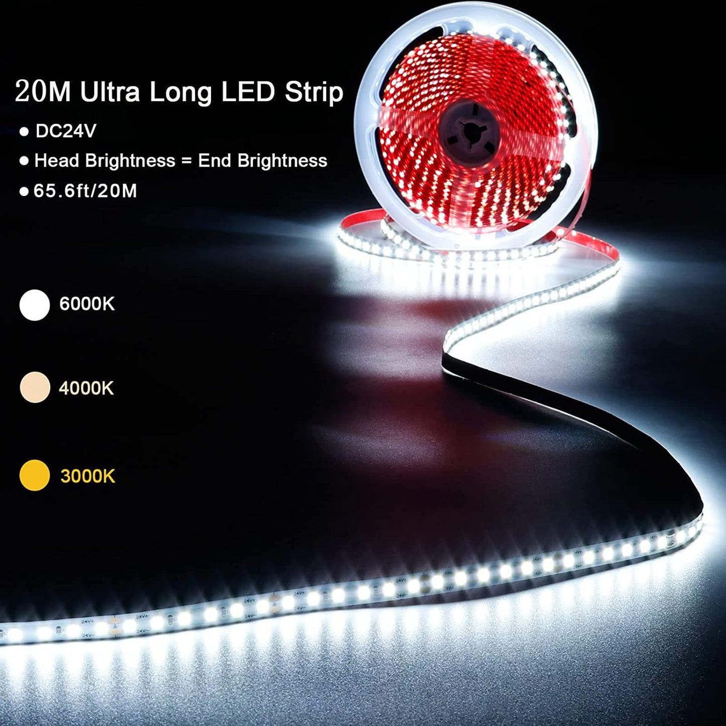 KXZM 24V 65.6ft/20m LED Strip Light Natural White 4000K 2400LEDs High Brightness 12000LM SMD2835 Flexible No-Waterproof IP20 LED Tape for Kitchen