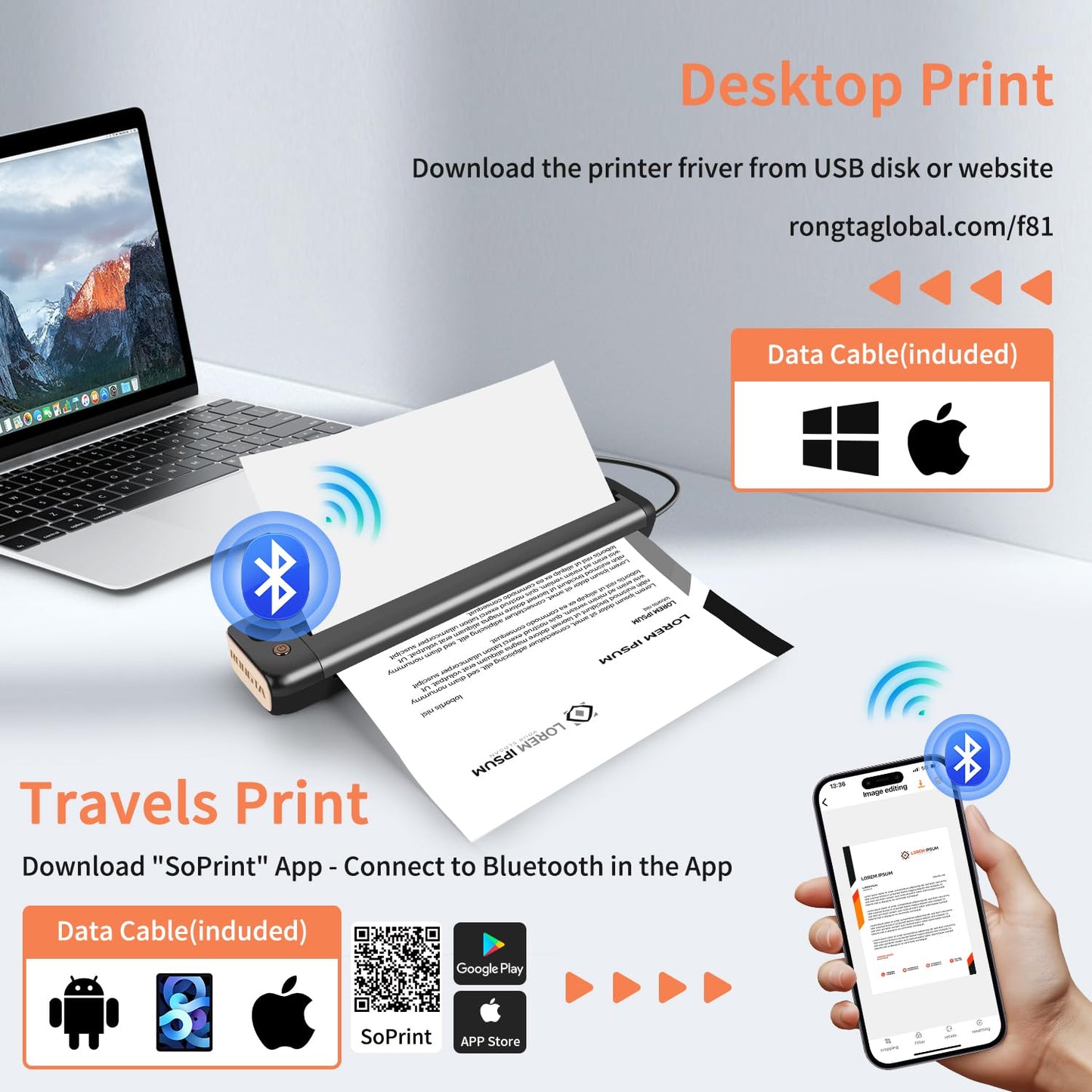 Rongta Portable Printer, Bluetooth Inkless Thermal Printer Wireless for Travel, Compatible with Android iOS Phone & Laptop, Supports 8.5" X 11" US