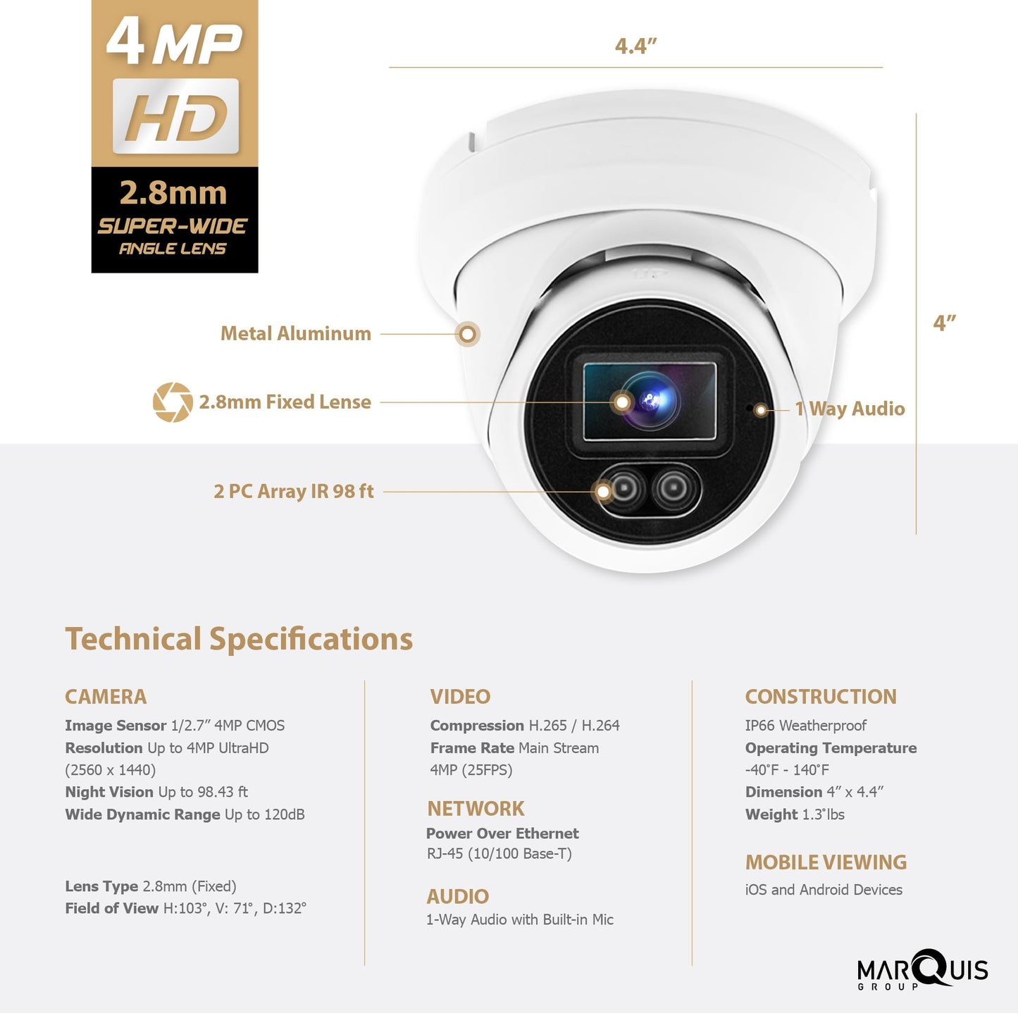 Marquis 4MP PoE IP Turret Dome Camera with Microphone/Audio, IP Security Camera Outdoor Rated, Waterproof IP66, 108° Wide Angle 2.8mm Lens (Regular