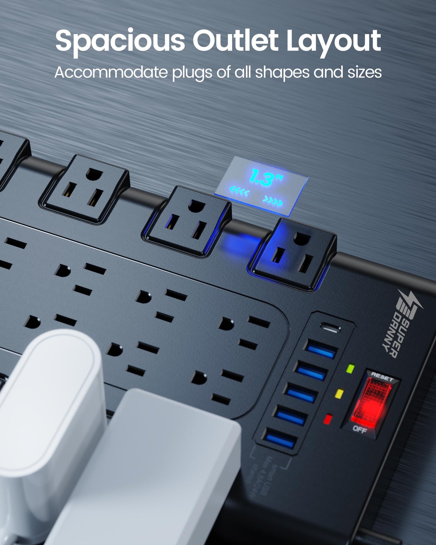 Power Strip, SUPERDANNY Surge Protector with 22 AC Outlets and 6 USB Charging Ports, 1875W/15A, 2100 Joules, 6.5Ft Flat Plug Heavy Duty Extension Cord