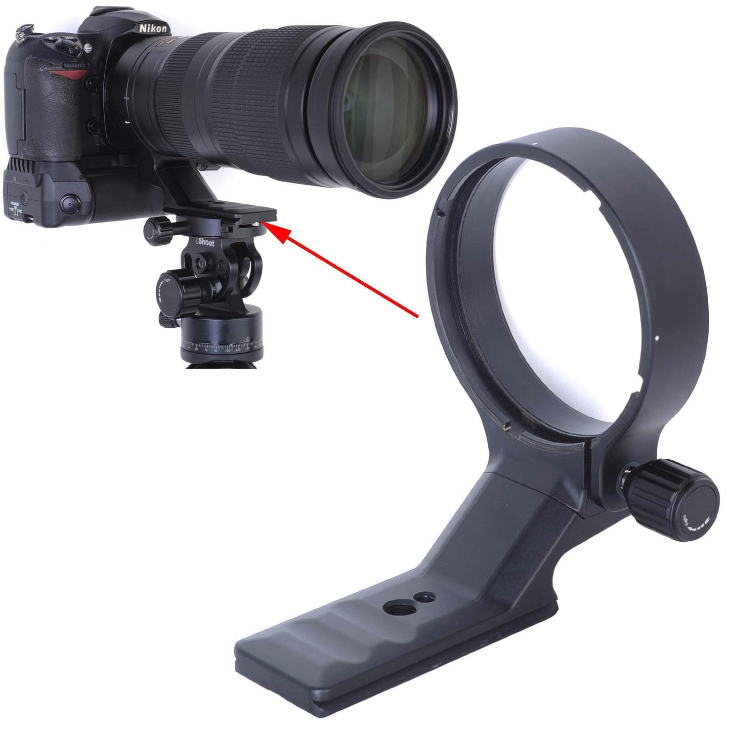 iShoot Lens Collar Compatible with Nikon AF-S NIKKOR 200-500mm f/5.6E ED VR, Lens Tripod Mount Ring Support Bracket Holder, Bottom is ARCA Fit Quick