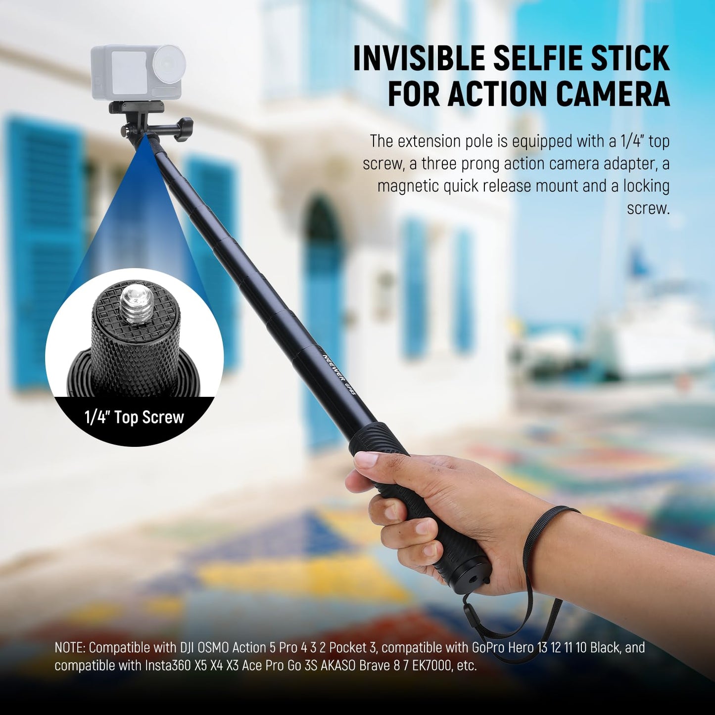 NEEWER Extension Rod Kit Compatible with DJI OSMO Action 5 Pro 4 3 GoPro Insta360 AKASO, 47.6" Invisible Selfie Stick, Action Camera Adapter