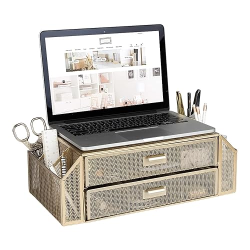 BLU MONACO | Monitor Stand with Drawer Storage | Desk Top Monitor Stand Riser Gold | Computer Support Organizer Elevador de Monitor