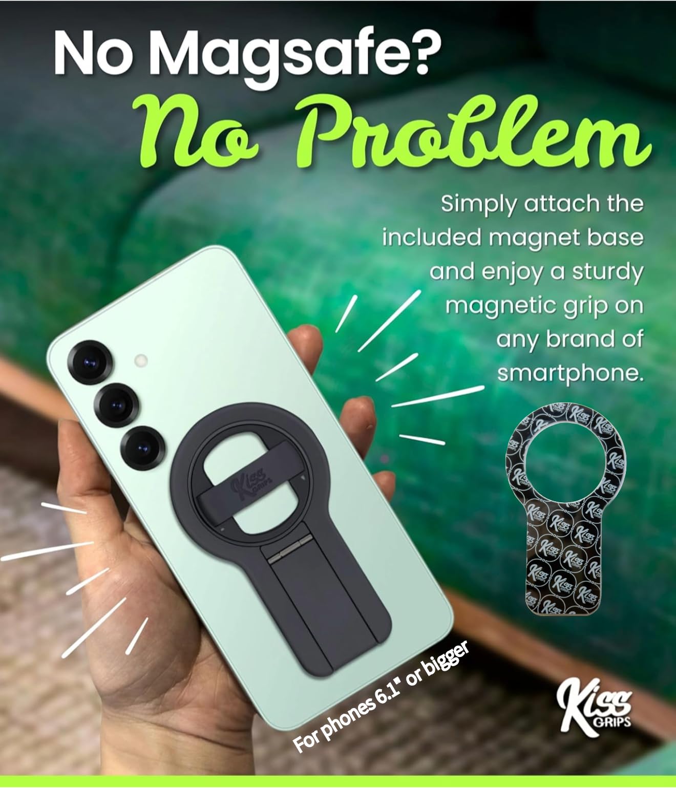 KISS GRIPS Phone Grip for MagSafe, Holder, Loop, and Kickstand - Ultra-Thin Dual Magnetic 360° Spin Tripod, Selfie Stick, Phone Stand - Wireless