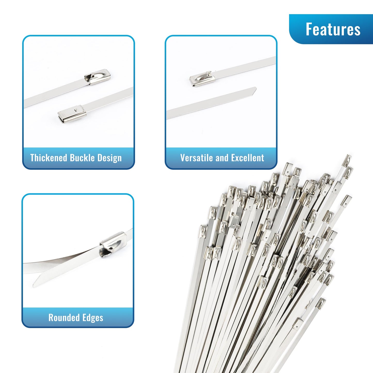 U.S. Solid Metal Zip Ties 9.84 inch Long 100pcs 304 Stainless Steel Heavy Duty Self-locking Cable Ties Suitable for Machinery Vehicles Farms Pipes