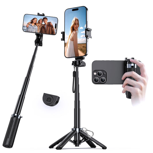 UBeesize Mini Selfie Stick Tripod with Rechargeable Remote - Pocket-Size Travel Phone Stand w/Hook, 360° Rotating Holder, Lightweight Tripod