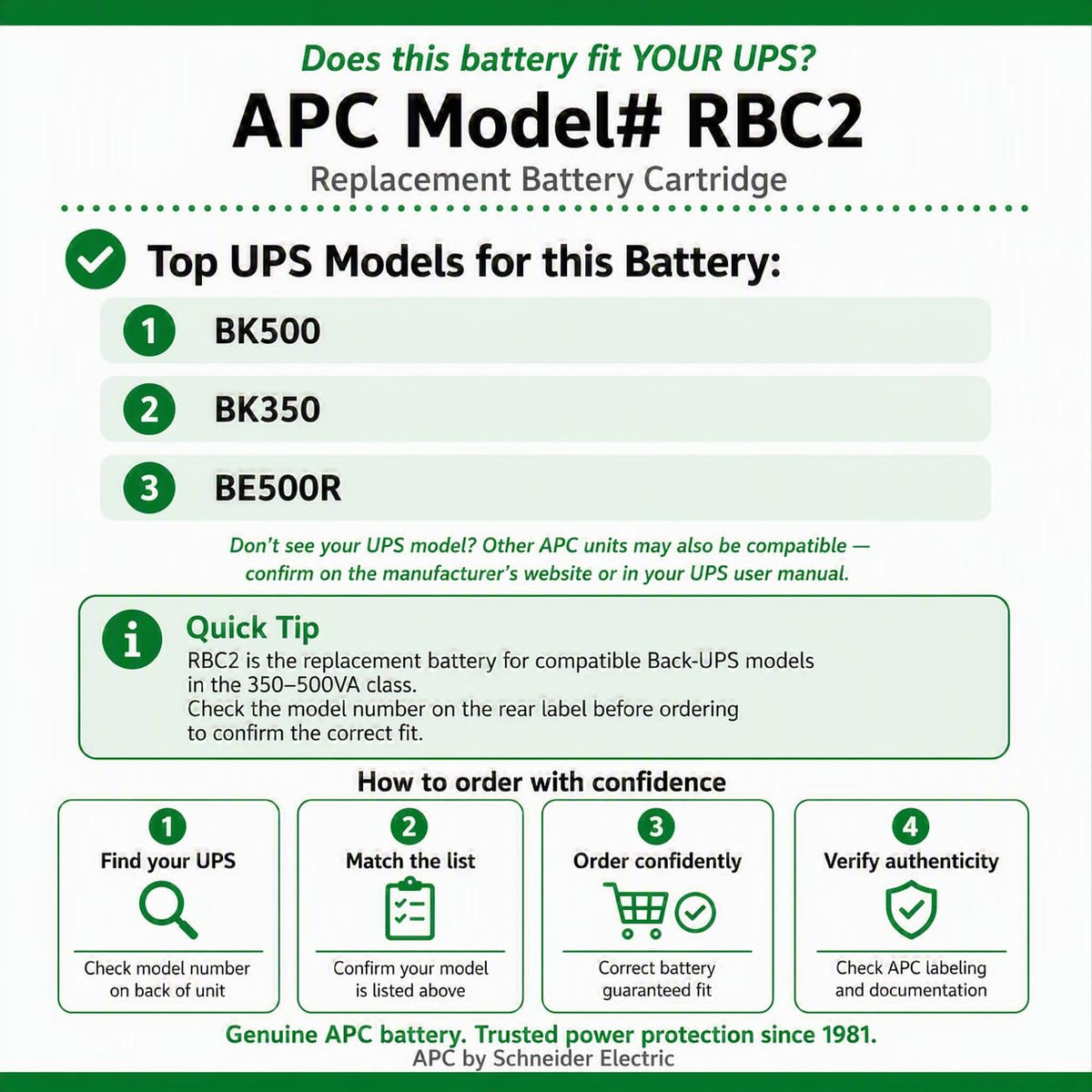 APC Genuine UPS Replacement Battery RBC2 for BK350, BK500, BK500BLK, SC420