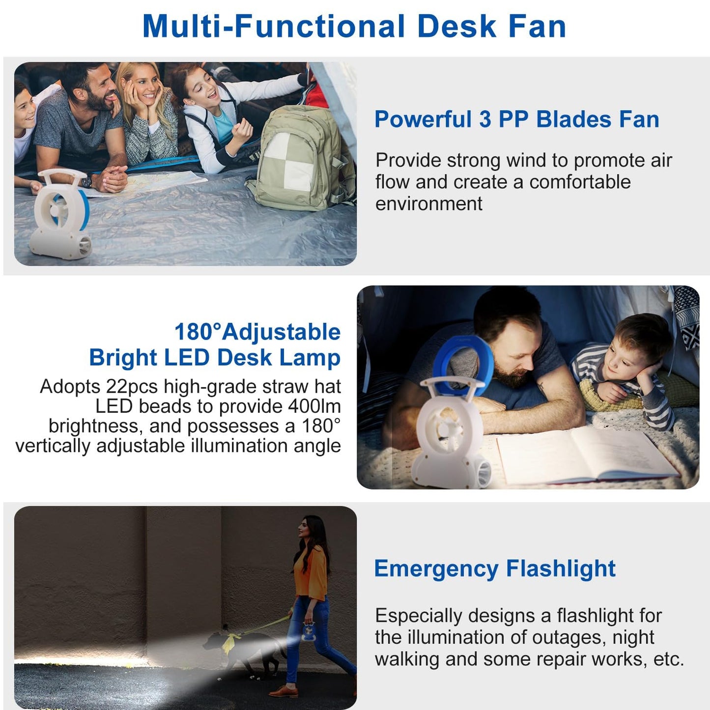 KOCASO Desk Cooling Fan w/180°Adjustable LED Lamp Baby Stroller Fan Emergency Flashlight Torch for Household Camping Traveling,Blue
