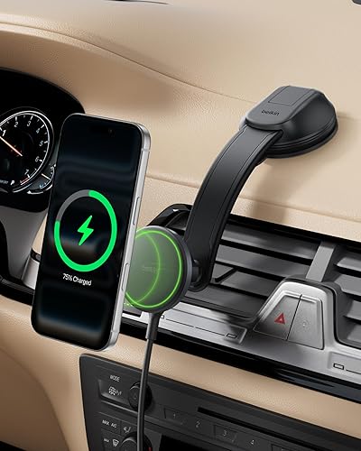 Belkin Wireless Car Charger, MagSafe Phone Holder & Car Dash Mount w/ 1M USB C Cable, Qi2 MagSafe Compatible Fast Charging iPhone Charger for iPhone