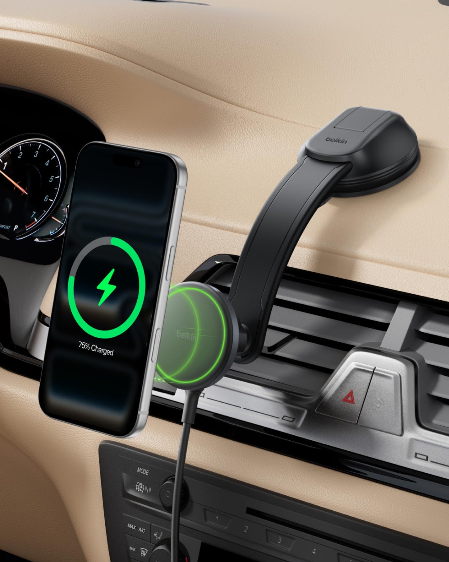 Belkin Wireless Car Charger, MagSafe Phone Holder & Car Dash Mount w/ 1M USB C Cable, Qi2 MagSafe Compatible Fast Charging iPhone Charger for iPhone
