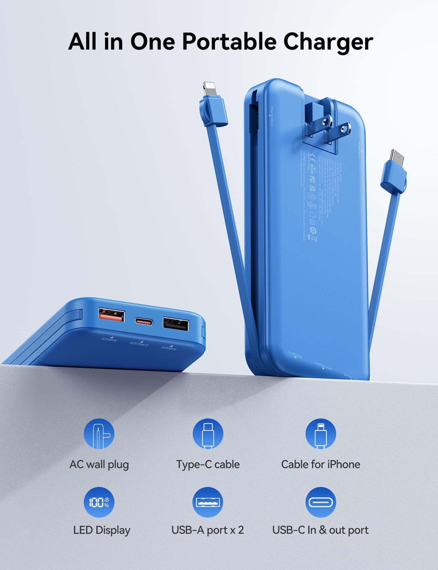 10000mAh Ultra-Portable-Charger-Power-Bank with Built in Cables&AC Wall Plug, PD20W USB-C Fast Charging Cell Phone Charger Battery Pack,LED Display