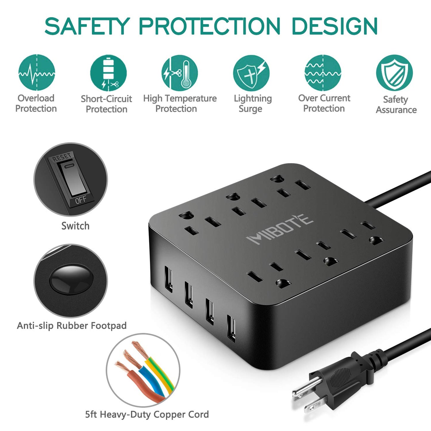 Power Strip with USB, MIBOTE 6 AC Outlet with 4 Port USB Surge Protector Power Strip Charger 5ft Power Cord 1875W 100-240V for Travel, TV, Computer