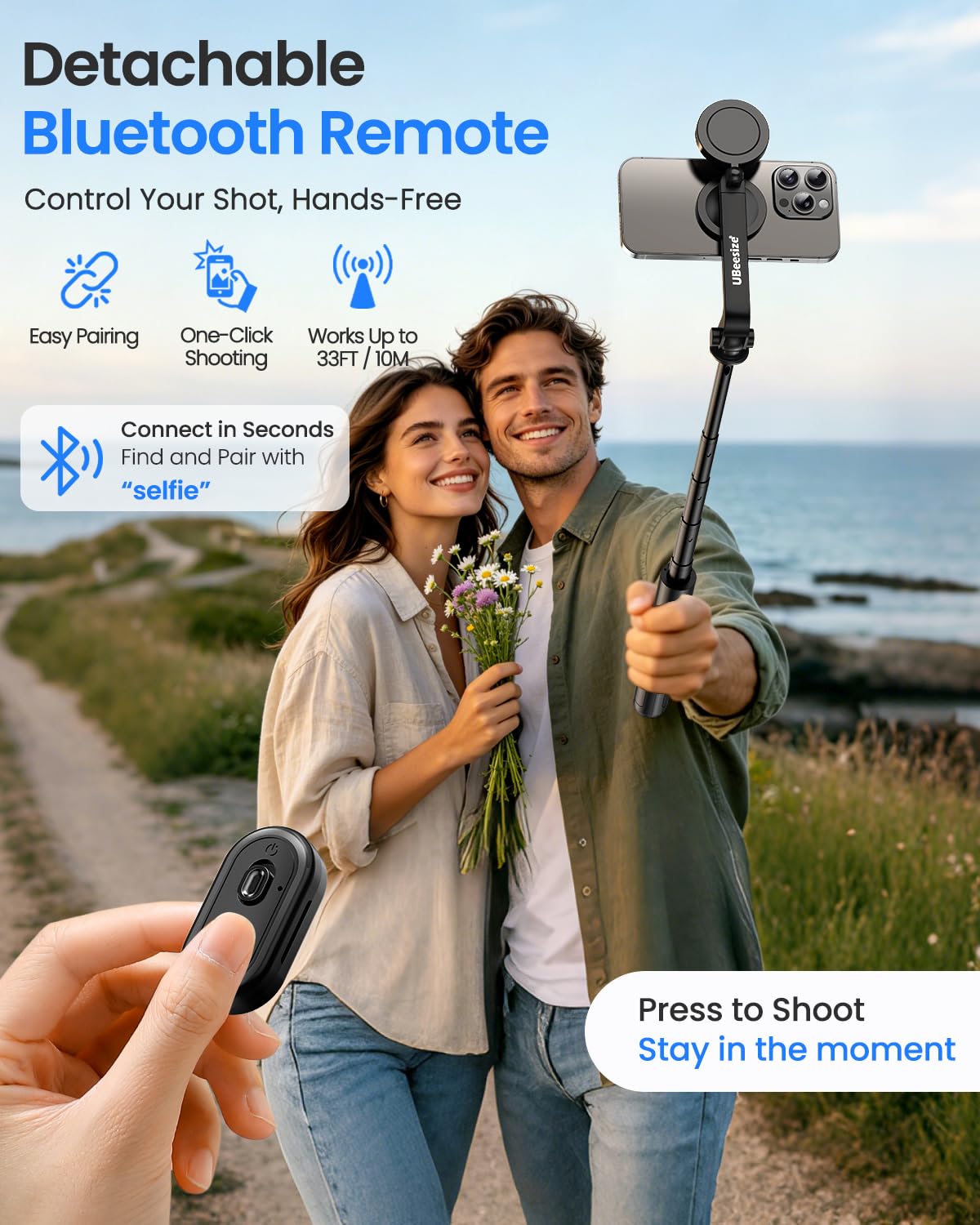 UBeesize Magnetic Selfie Stick Tripod with Dimmable Light and Rechargeable Remote, Portable Travel Phone Tripod Stand for MagSafe and Android Phones