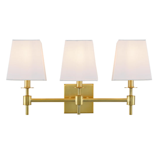 SAFAVIEH Lighting - Clelia 3-Light 21.2-Inch Wall Sconce - Brass - Fabric Shade - Modern 3-Light Design - Ideal for Vanity, Hallway, Bedroom, Bathroom