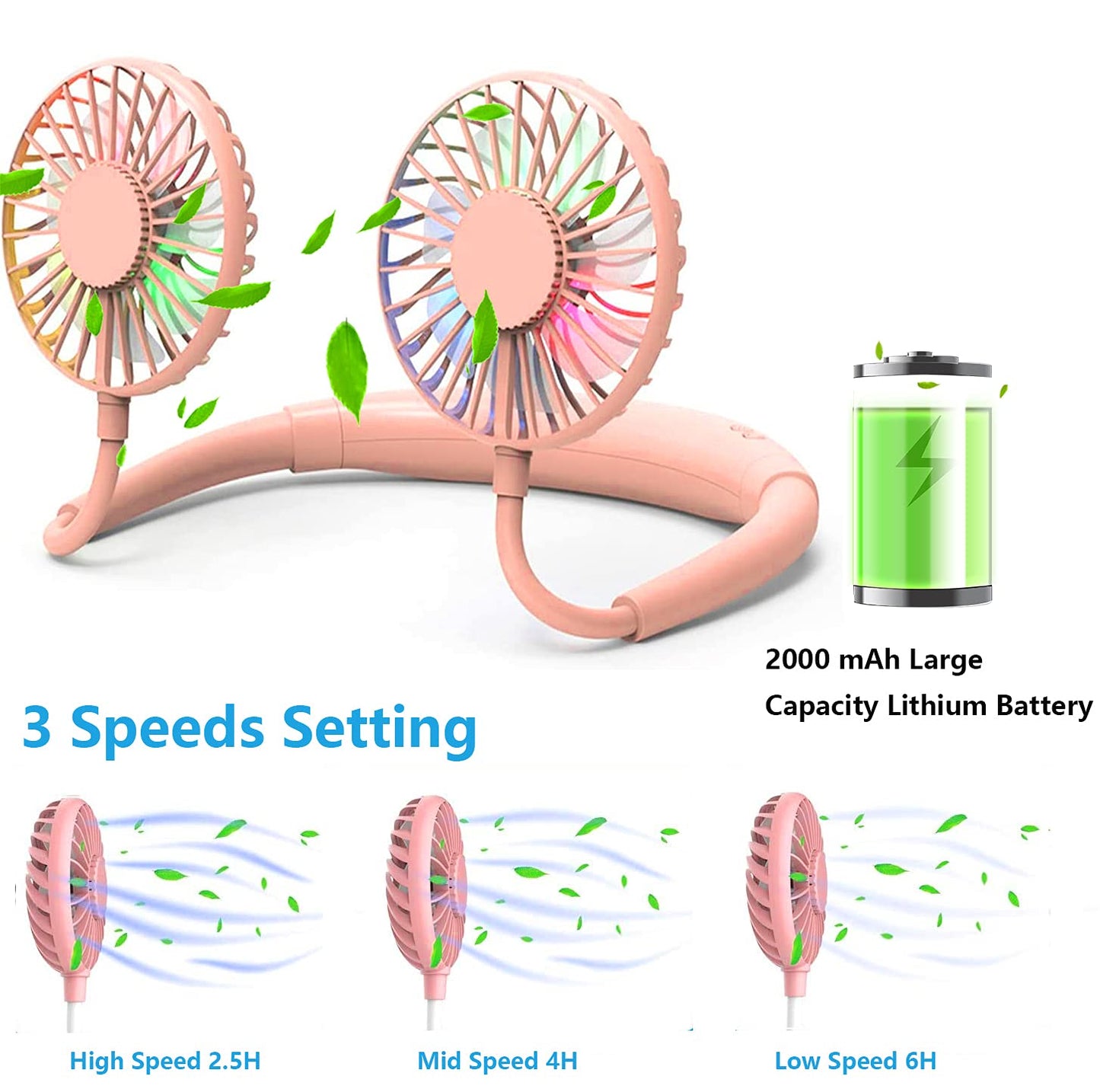 YABEY Hands Free Portable Personal Fan - Rechargeable Mini USB Neck Fan ，Wearable Neckband Fan 3 Level Air Flow, 7 LED lights for Home Office Travel
