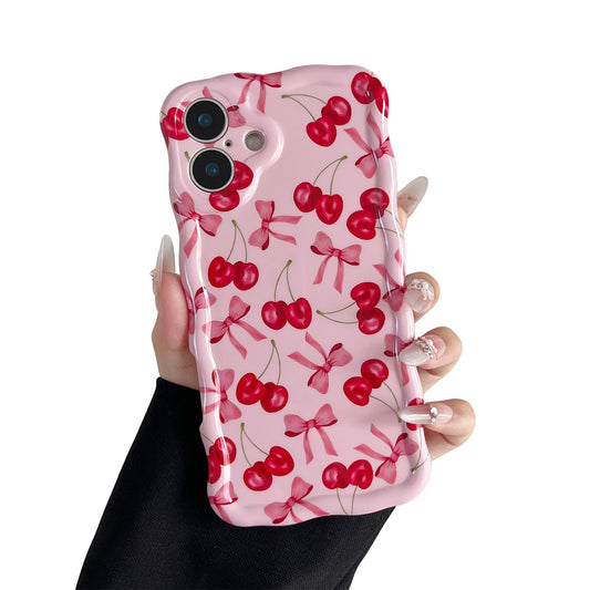branple Compatible with iPhone 16 Plus Case, Cute Wave Curly Pink Cherry Bow Phone Case for Women, Soft TPU Shockproof Protection Cover Designed