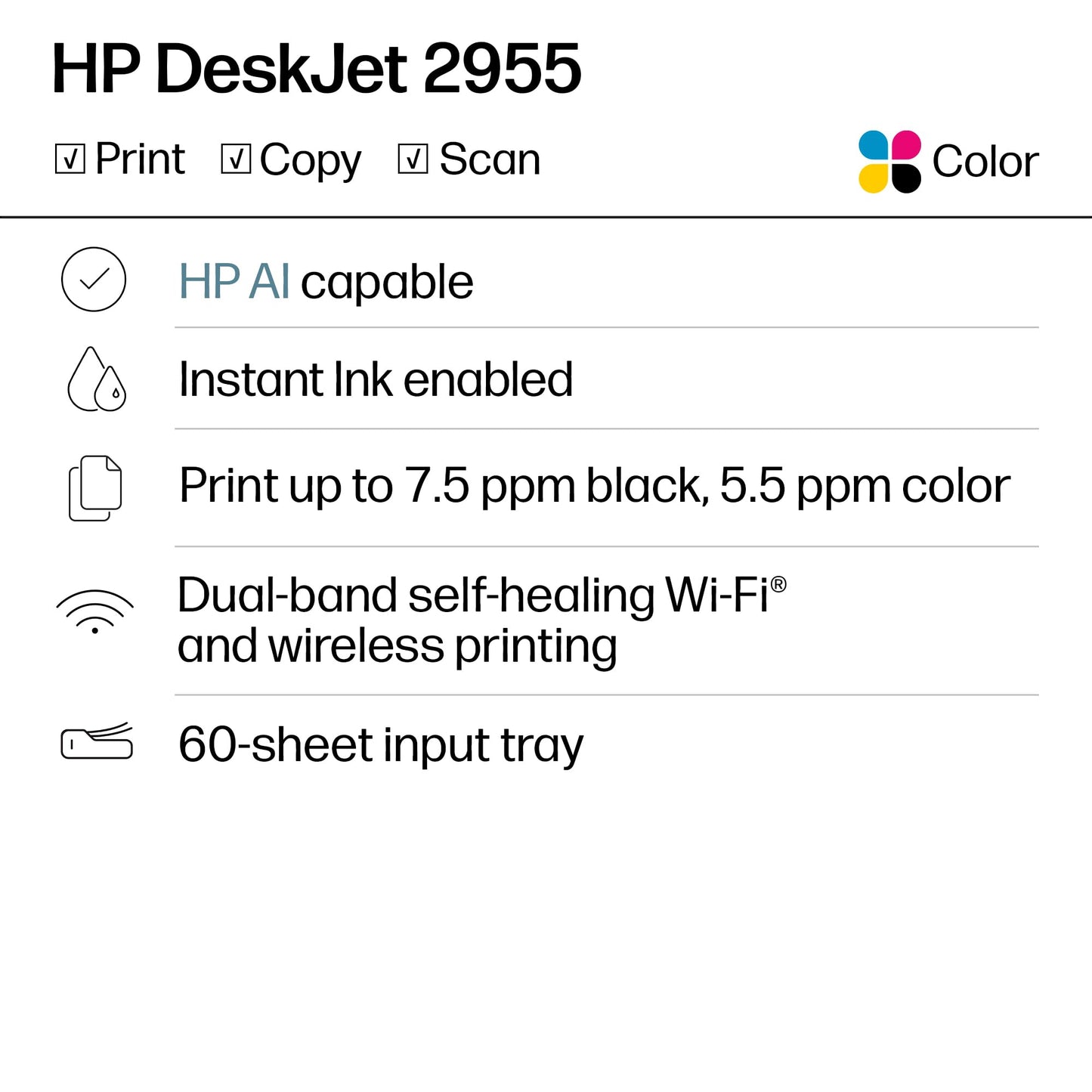 HP DeskJet 2955 Wireless All-in-One Color Inkjet Printer, Scanner, Copier, Best-for-Home, 3 Month Trial of Instant Ink Included, AI-Capable (A24HJA)