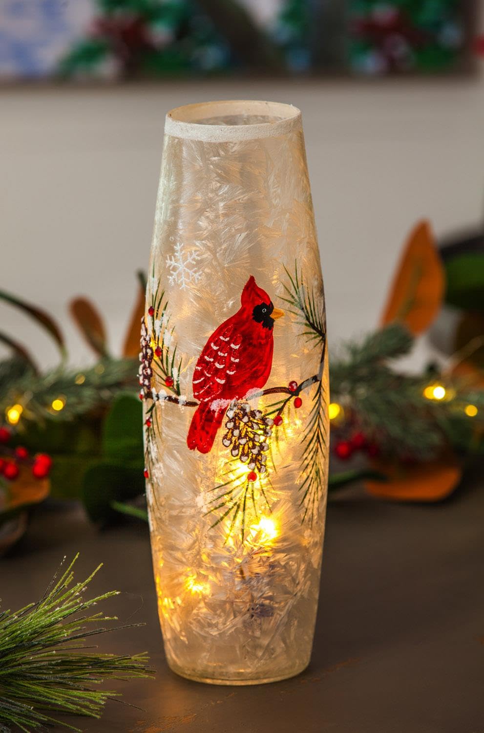 Cypress Home Beautiful Christmas Pine Cones and Cardinal Hand Painted Glass LED Cylinder Table Décor - 4 x 4 x 12 Inches Indoor/Outdoor Decoration