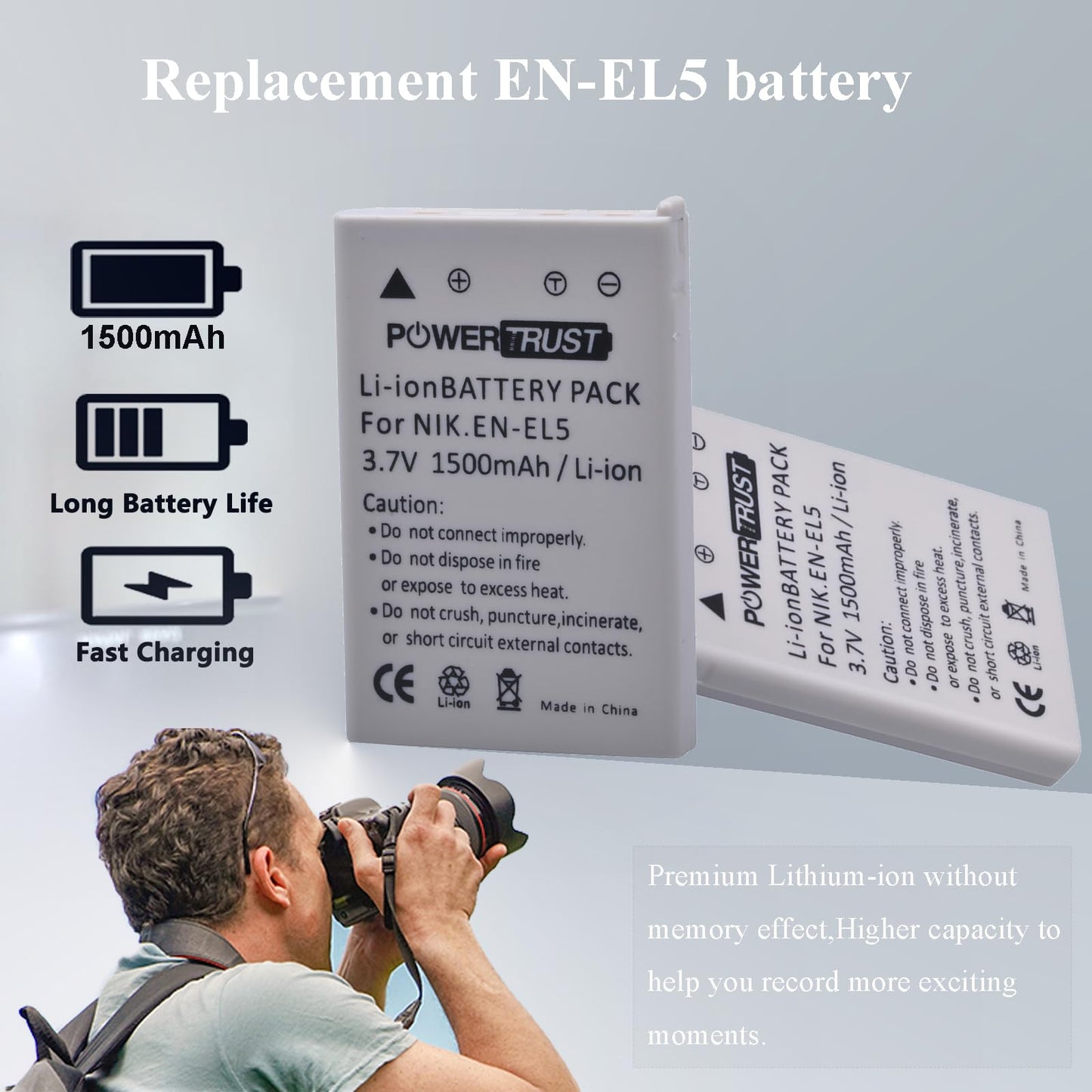 PowerTrust 2 Pack EN-EL5 Camera Battery and LCD USB Charger for Nikon Coolpix P530 P520 P510 P100 P500 P6000 P5100 P5000 P80 P90