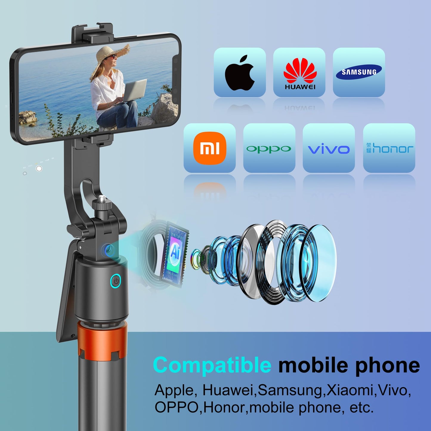 70" Auto Face Tracking Phone Tripod with Fill Light, 360° Rotating Smart Shooting Stand with Remote Control, No App Required for Vlogging, TikTok