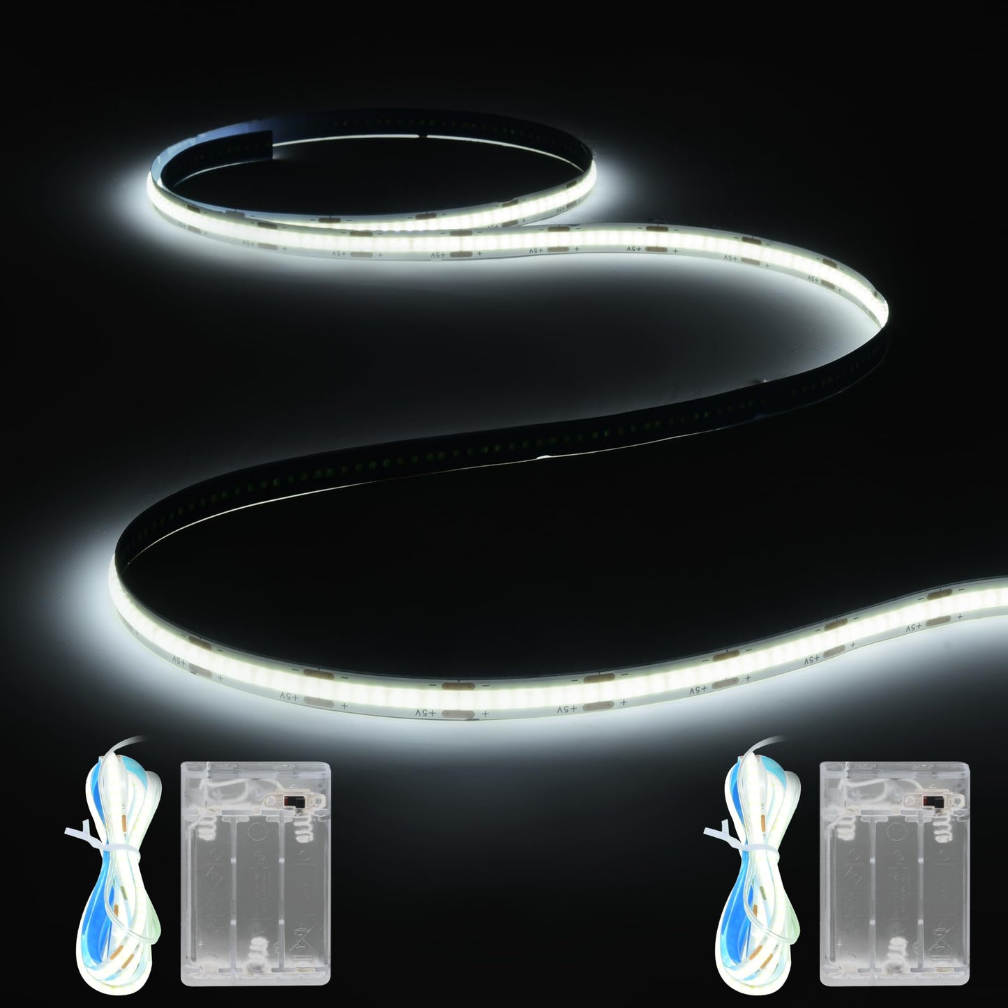 XINGZHI Battery Powered COB LED Strip Lights,3.28ft*2pack White LED Light Strip for Dorm Room, Under Bed, Shelves, TV Backlight, Closet, Small