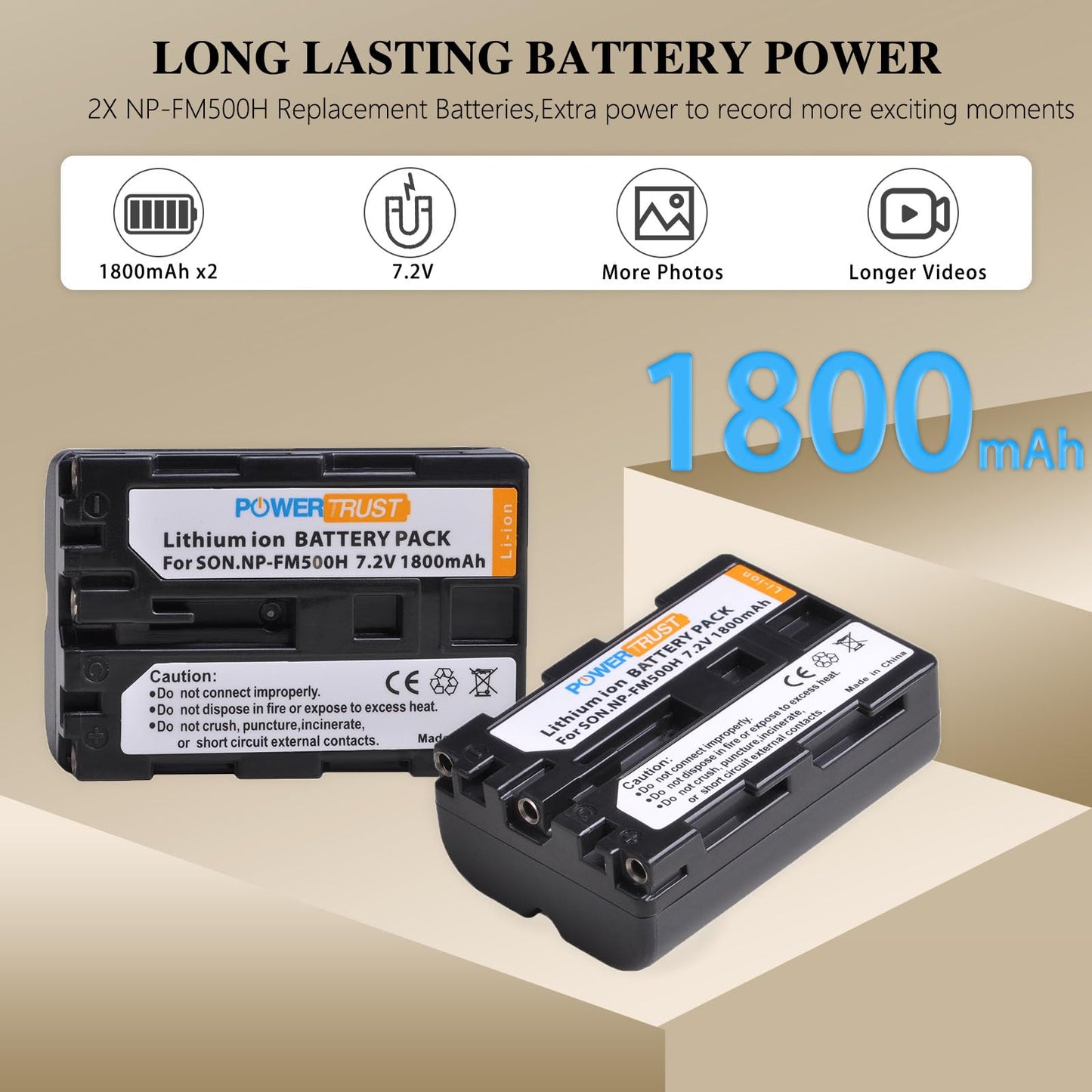 PowerTrust 2 Pack NP-FM500H Camera Battery and LCD USB Charger for Sony A57, A58, A65, A77, A99, A200, A350, A450, A550, A560, A700, A580, A900