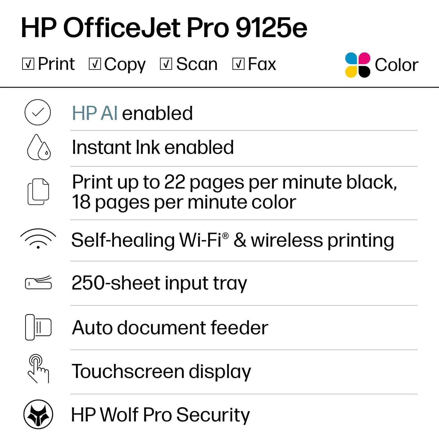 HP OfficeJet Pro 9125e Wireless All-in-One Color Inkjet Printer, Print, scan, copy, fax, ADF, Duplex printing best-for-office, 3 month Instant Ink
